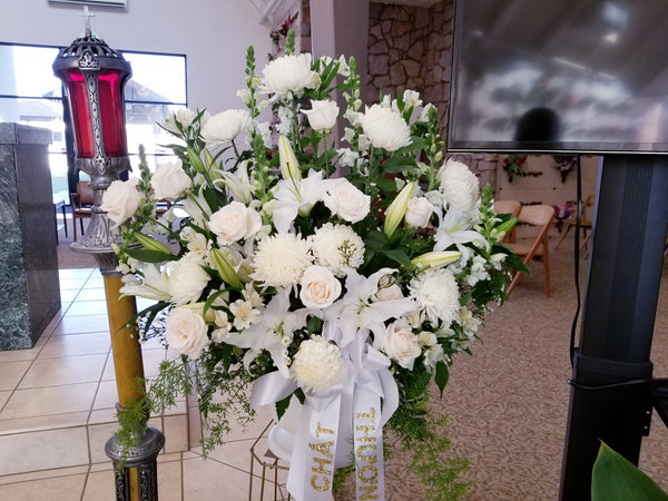 Premium Large Seasonal Condolence All White Flower Basket