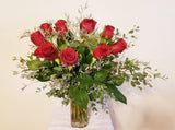 Dozen Long Stem Red Roses with Filler and Greenery