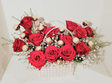 Sweet 16th Handbag Arrangement of fragrant 16 red Roses and 16 Ferrero Rocher Fine Hazelnut Chocolates