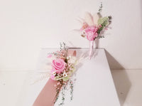 Pink Preserved Rose & Died Corsage with Long Ribbon & Matching Boutonniere