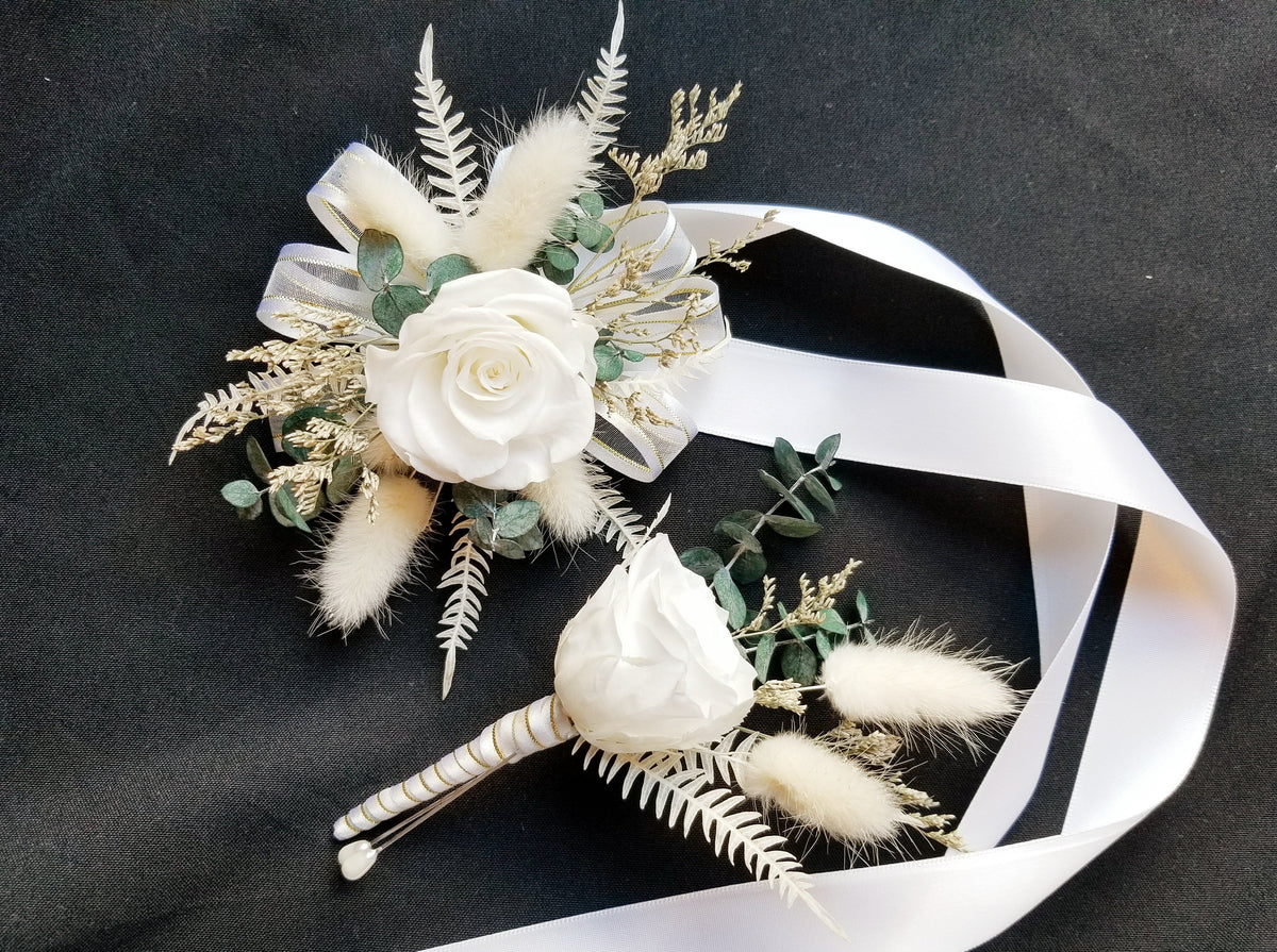 white rose and succulent corsage White Preserved Rose & Dried Corsage with White Long Ribbon & Matching –  LeLe Floral