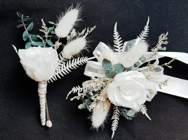 White Preserved Rose & Died Corsage with White Long Ribbon & Matching Boutonniere