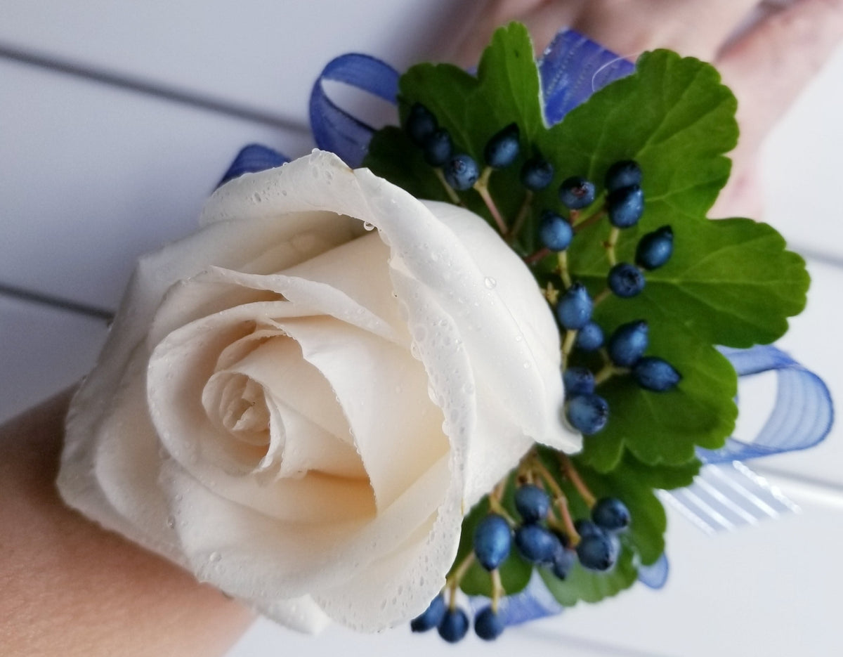 Wrist Corsage (White Flowers & Navy Blue Ribbon) in San Jose, CA