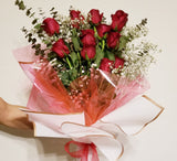 Dozen Fragrant Red Roses with Baby’s Breath and Greenery Bouquet