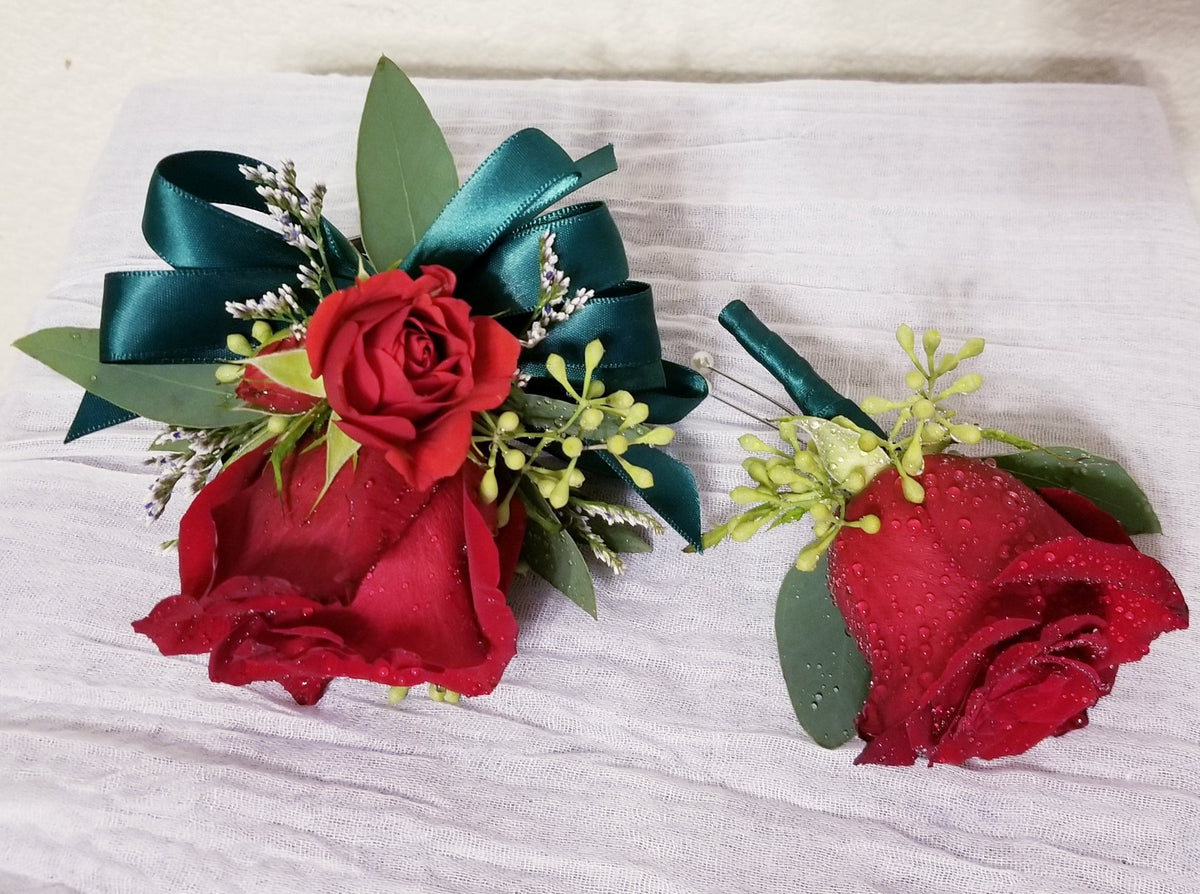 Red Rose Wrist Corsage \u0026 Boutonniere With Emerald Green Ribbon, image size:1200x894