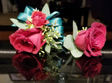 Red Rose Wrist Corsage & Boutonniere With Emerald Green Ribbon