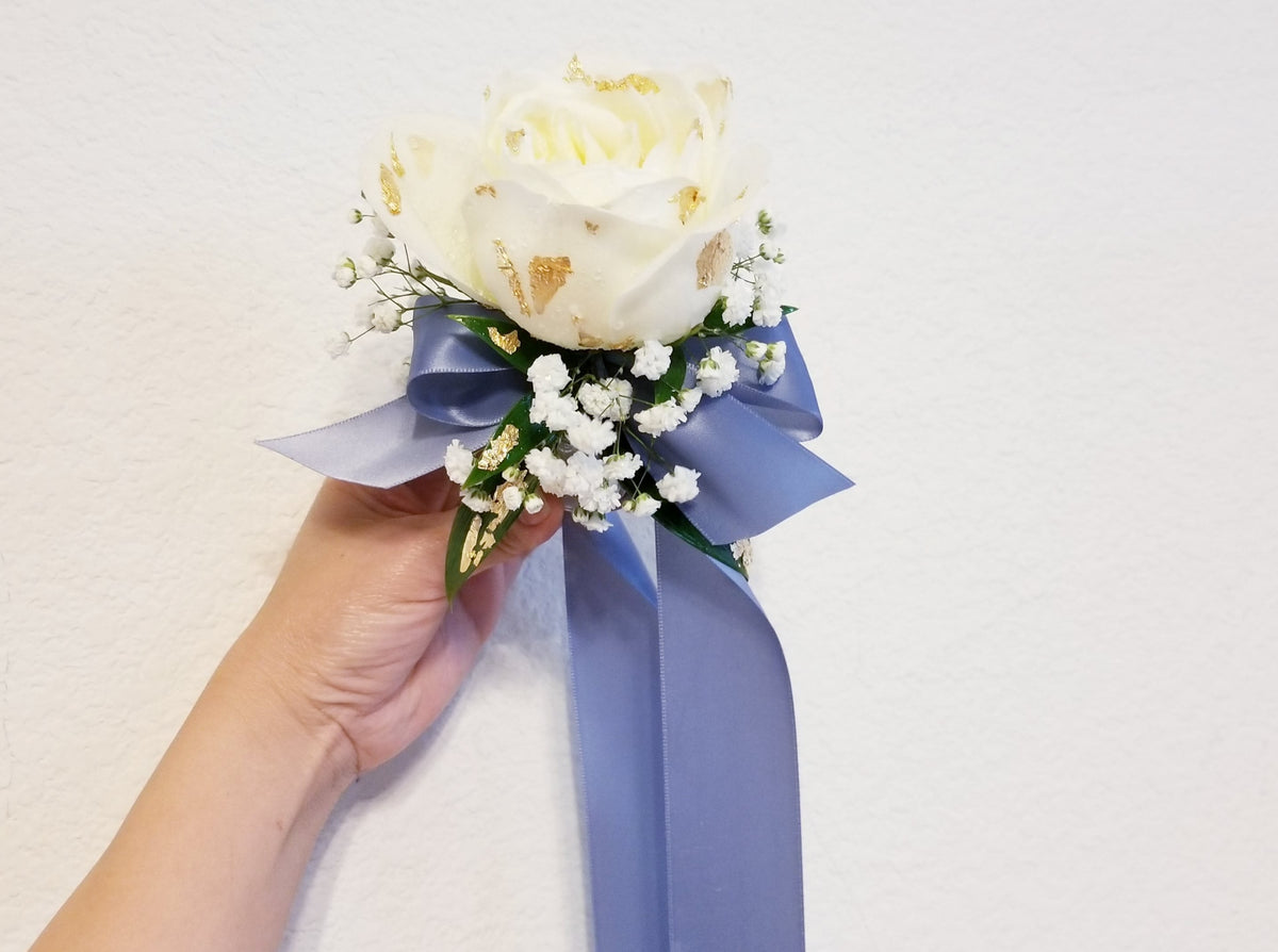 White Roses Corsage & Boutonniere with Long Dusty Blue Ribbon
