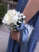 White Roses Corsage & Boutonniere with Long Blue Ribbon 