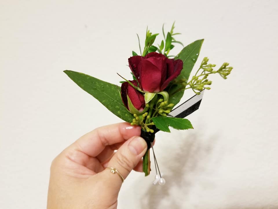 Red Spray Rose Boutonniere with Black Ribbon LeLe Floral