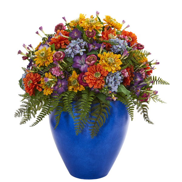 Giant Mixed Floral Artificial Arrangement In Blue Vase