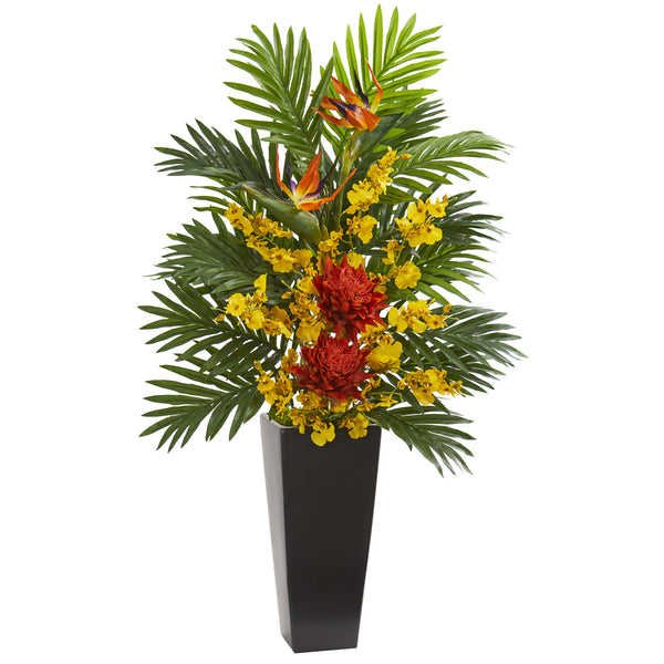 Tropical Floral & Orchid Artificial Arrangement In Black Vase