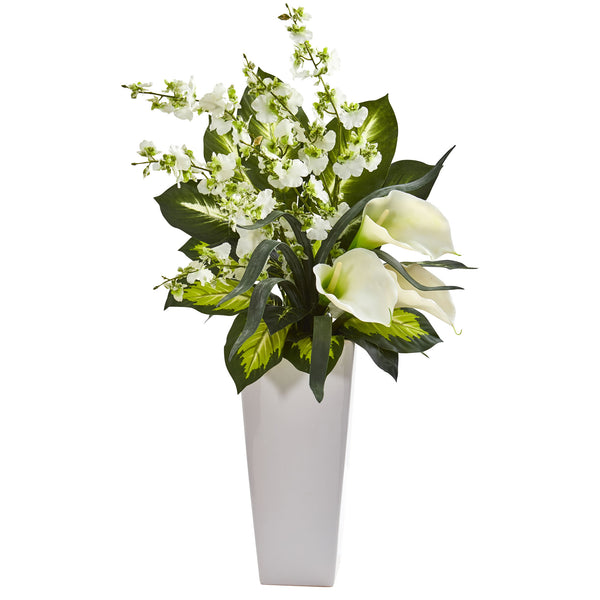29” Calla Lily & Orchid Artificial Arrangement In Black Vase
