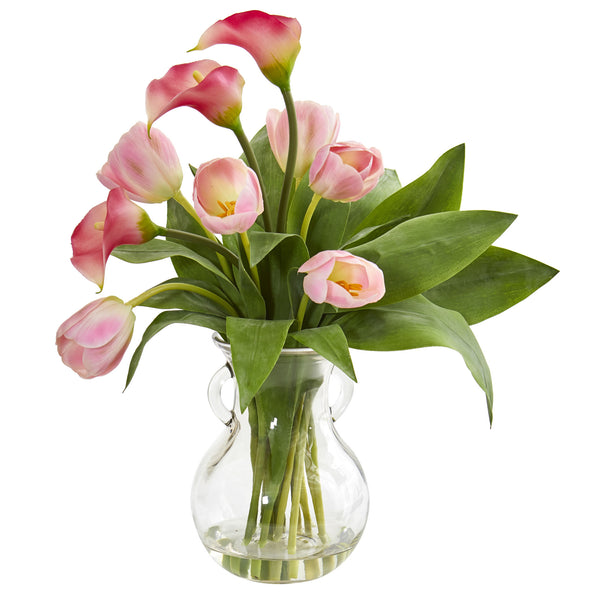 Calla Lily & Tulips Artificial Arrangement In Decorative Vase