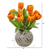 Orange tulips in a decorative vase with dimensions indicated