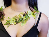 Wearable Flowers – Succulents cascading floral tattoo that would wrap over her shoulder.