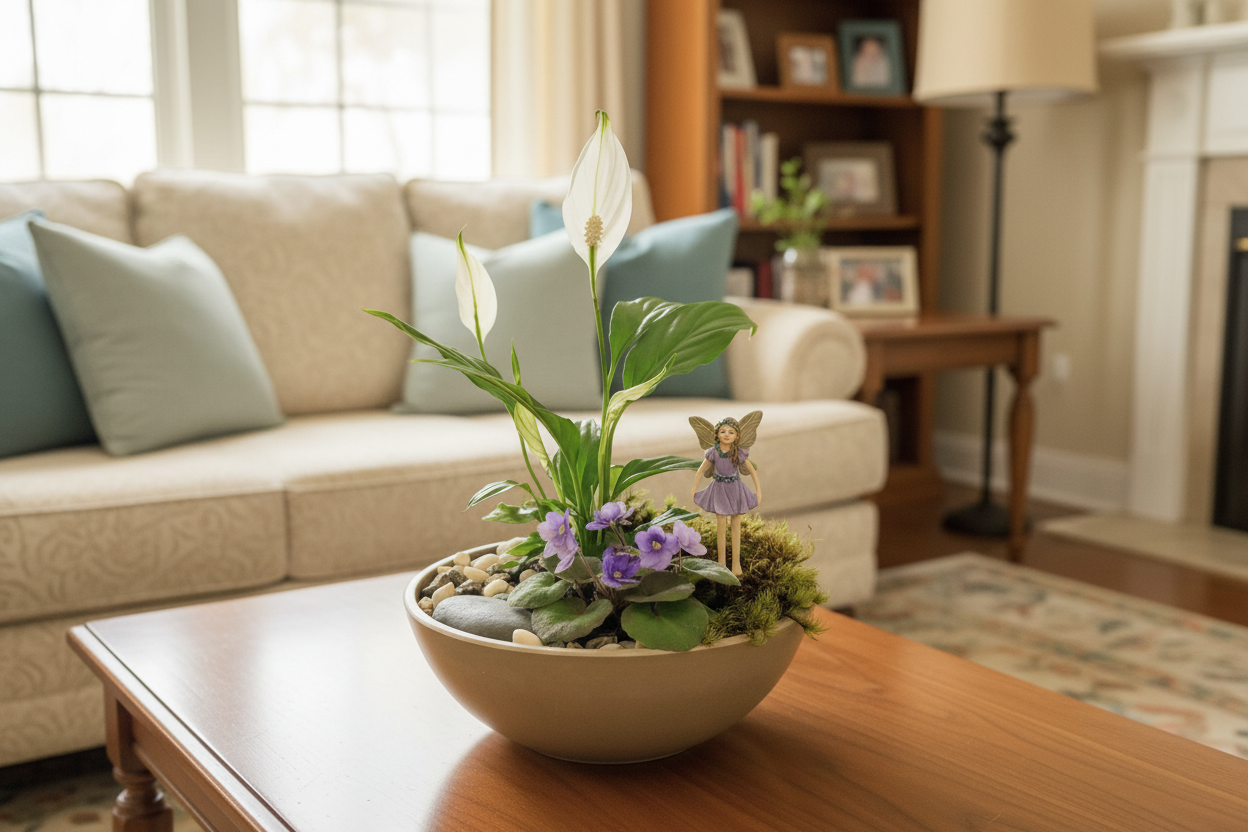 Peace Lilies & Mini Purple African Violet Fairy Garden - Best air