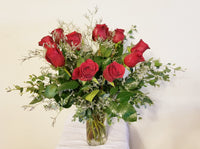 Dozen Long Stem Red Roses with Filler and Greenery