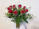 Dozen Long Stem Red Roses with Filler and Greenery