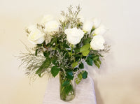 Dozen White Roses & Mist or Baby’s Breath Arrangement