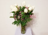 Dozen White Roses & Pink Baby’s Breath Arrangement