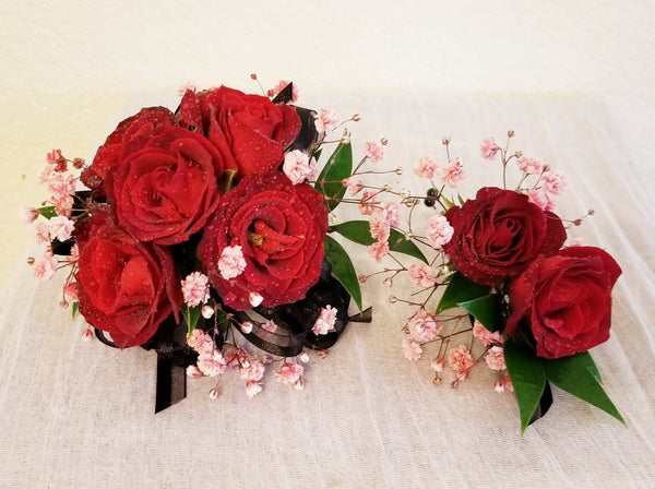 Set of Red spray roses Corsage &amp; Boutonniere with pink baby's breath and black ribbon.