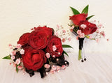 Set of Red spray roses Corsage &amp; Boutonniere with pink baby's breath and black ribbon.