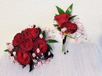 Set of Red spray roses Corsage &amp; Boutonniere with pink baby's breath and black ribbon.