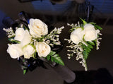White Spray Roses Corsage & Boutonniere with Black Ribbon