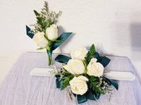 White Spray Roses Corsage & Boutonniere with Teal Ribbon