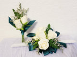 White Spray Roses Corsage & Boutonniere with Teal Ribbon