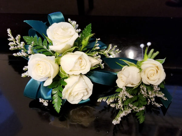 White Spray Roses Corsage & Boutonniere with Teal Ribbon