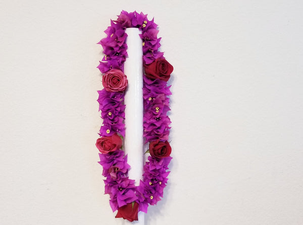 Double Fuchsia Bougainvillea &Roses Lei