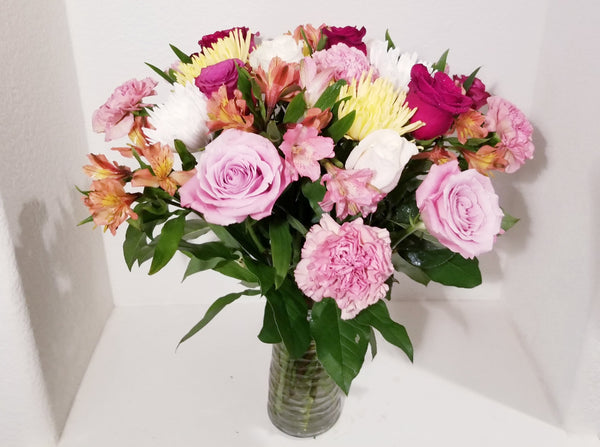 Dozen Roses and Mix Seasonal Flowers Arrangement