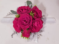 Red Spray Roses Wrist Corsage & Silver Ribbon
