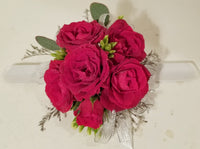 Red Spray Roses Wrist Corsage & Silver Ribbon
