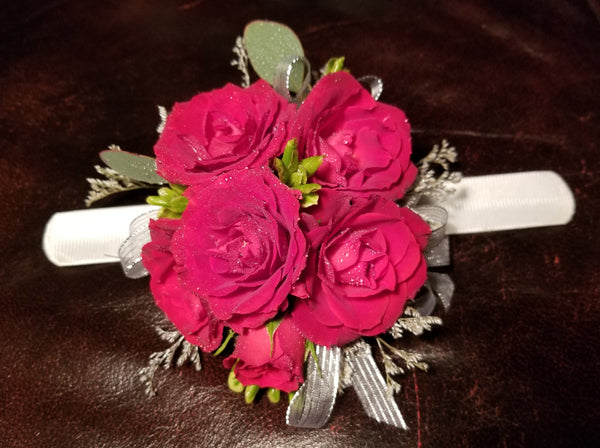 Red Spray Roses Wrist Corsage & Silver Ribbon