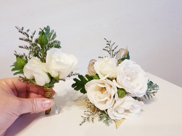 White Spray Roses Gold Cuff Corsage & Boutonniere with Black Ribbon