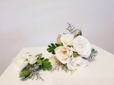 White Spray Roses Gold Cuff Corsage & Boutonniere with Black Ribbon