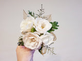 White Spray Roses Gold Cuff Corsage & Boutonniere with Black Ribbon