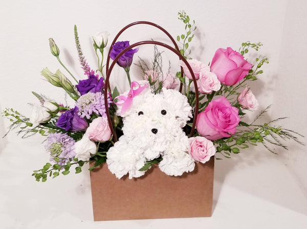 White Fluffy Dog Flower Arrangement