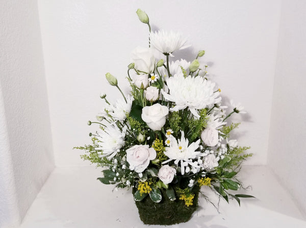 Seasonal White Arrangement in Preserved Moss Basket