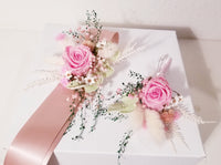 Pink Preserved Rose & Died Corsage with Long Ribbon & Matching Boutonniere