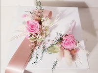 Pink Preserved Rose & Died Corsage with Long Ribbon & Matching Boutonniere