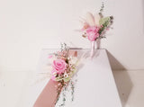 Pink Preserved Rose & Died Corsage with Long Ribbon & Matching Boutonniere