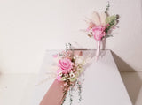 Pink Preserved Rose & Died Corsage with Long Ribbon & Matching Boutonniere