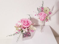 Pink Preserved Rose, Dried Flowers Silver Cuff Corsage and Boutonniere