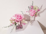 Pink Preserved Rose, Dried Flowers Silver Cuff Corsage and Boutonniere