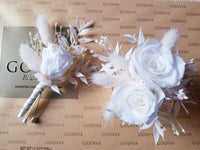 White Preserved Rose & Dried Flowers Cuff Corsage & Boutonniere