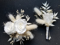 White Preserved Rose & Dried Flowers Cuff Corsage & Boutonniere