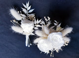 White Preserved Rose & Dried Flowers Cuff Corsage & Boutonniere